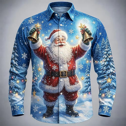 Men’s Long-Sleeve Satin Shirt – Featuring Santa Claus, Christmas Trees, And Reindeer – Stylish Casual Wear For Holiday Parties