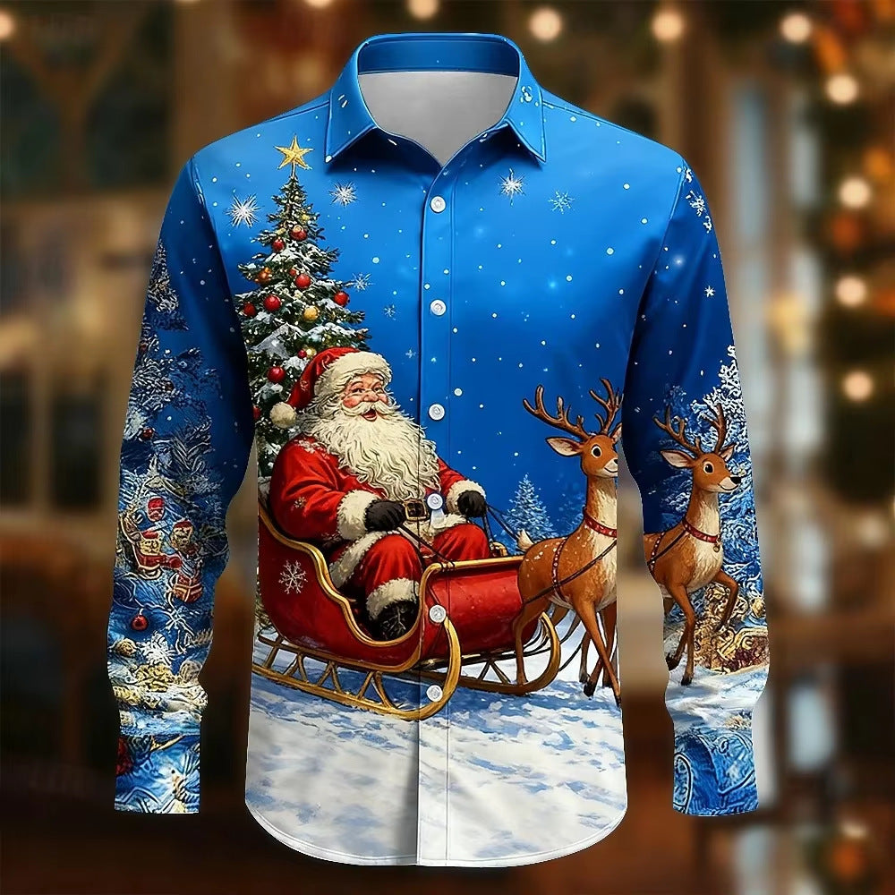 Men’s Long-Sleeve Satin Shirt – Featuring Santa Claus, Christmas Trees, And Reindeer – Stylish Casual Wear For Holiday Parties