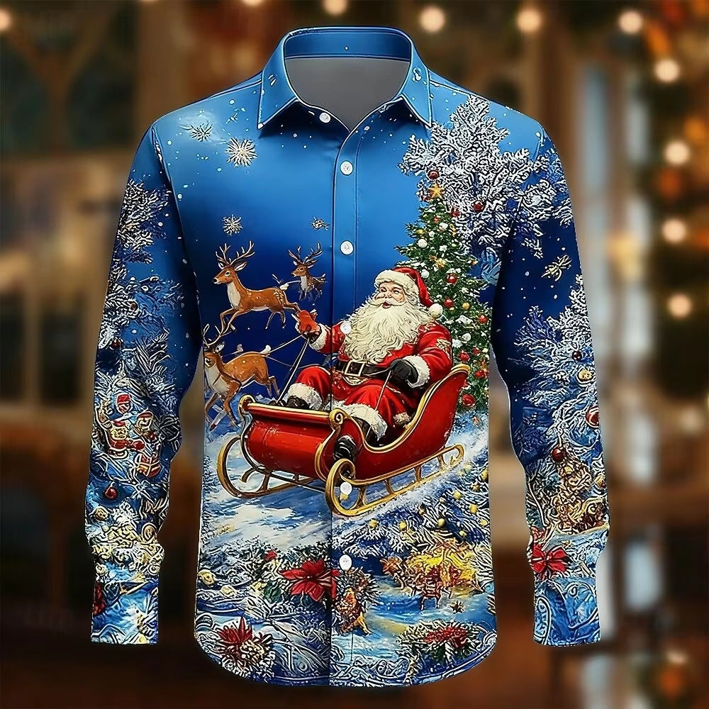 Men’s Long-Sleeve Satin Shirt – Featuring Santa Claus, Christmas Trees, And Reindeer – Stylish Casual Wear For Holiday Parties