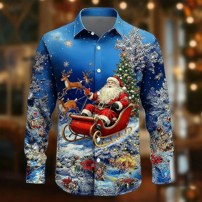 Men’s Long-Sleeve Satin Shirt – Featuring Santa Claus, Christmas Trees, And Reindeer – Stylish Casual Wear For Holiday Parties