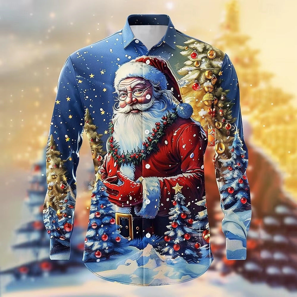 Men’s Long-Sleeve Satin Shirt – Featuring Santa Claus, Christmas Trees, And Reindeer – Stylish Casual Wear For Holiday Parties