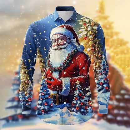 Men’s Long-Sleeve Satin Shirt – Featuring Santa Claus, Christmas Trees, And Reindeer – Stylish Casual Wear For Holiday Parties