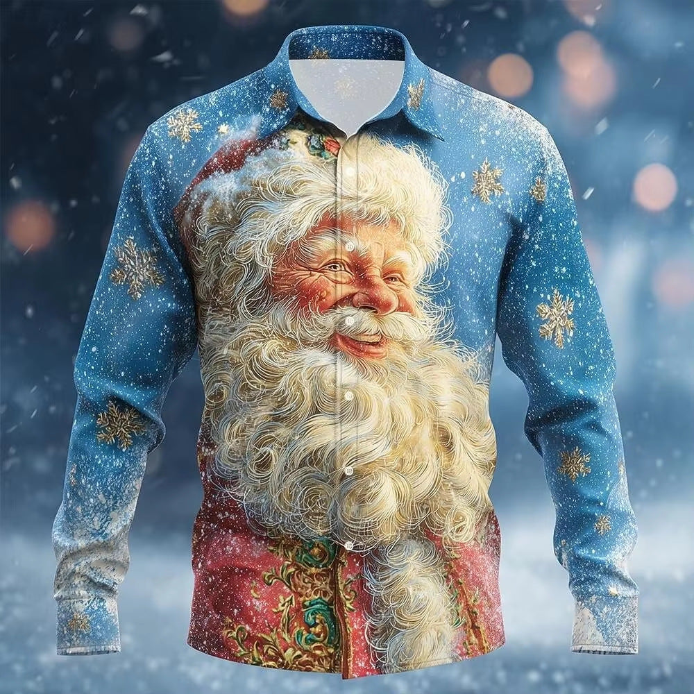 Men’s Long-Sleeve Satin Shirt – Featuring Santa Claus, Christmas Trees, And Reindeer – Stylish Casual Wear For Holiday Parties