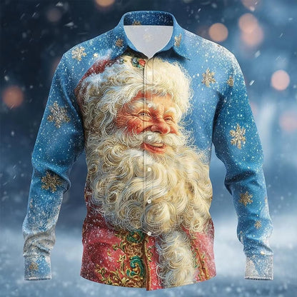 Men’s Long-Sleeve Satin Shirt – Featuring Santa Claus, Christmas Trees, And Reindeer – Stylish Casual Wear For Holiday Parties
