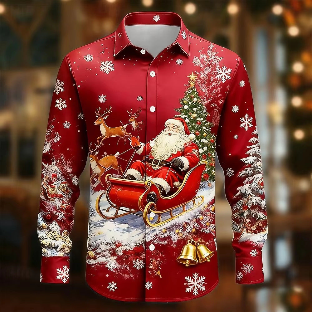 Men’s Long-Sleeve Satin Shirt – Featuring Santa Claus, Christmas Trees, And Reindeer – Stylish Casual Wear For Holiday Parties
