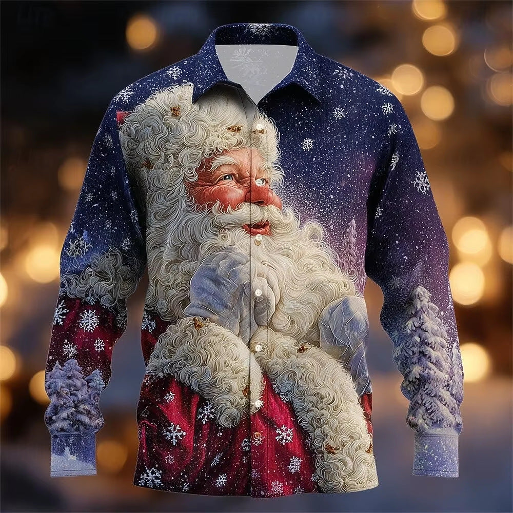 Men’s Long-Sleeve Satin Shirt – Featuring Santa Claus, Christmas Trees, And Reindeer – Stylish Casual Wear For Holiday Parties