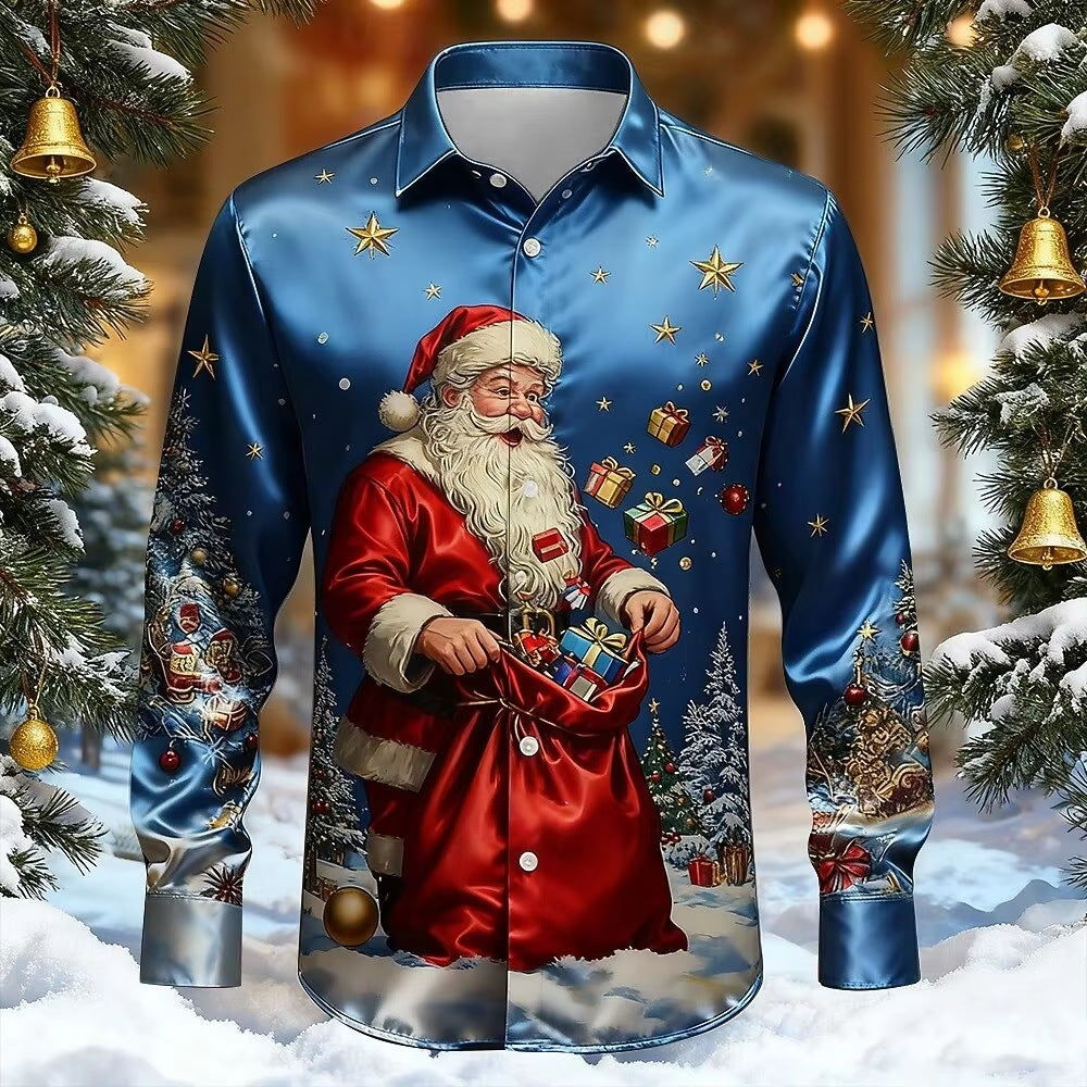 Men’s Long-Sleeve Satin Shirt – Featuring Santa Claus, Christmas Trees, And Reindeer – Stylish Casual Wear For Holiday Parties