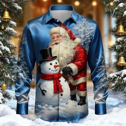 Men’s Long-Sleeve Satin Shirt – Featuring Santa Claus, Christmas Trees, And Reindeer – Stylish Casual Wear For Holiday Parties