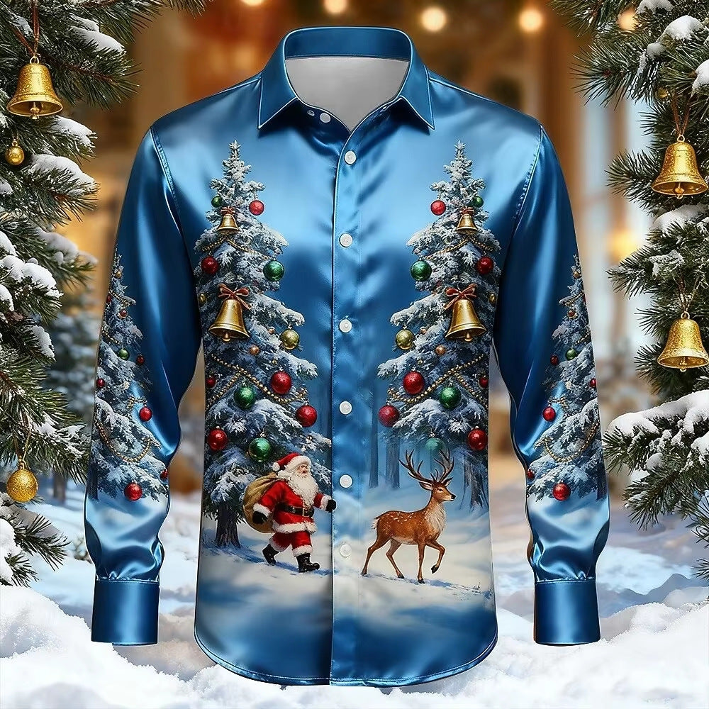 Men’s Long-Sleeve Satin Shirt – Featuring Santa Claus, Christmas Trees, And Reindeer – Stylish Casual Wear For Holiday Parties