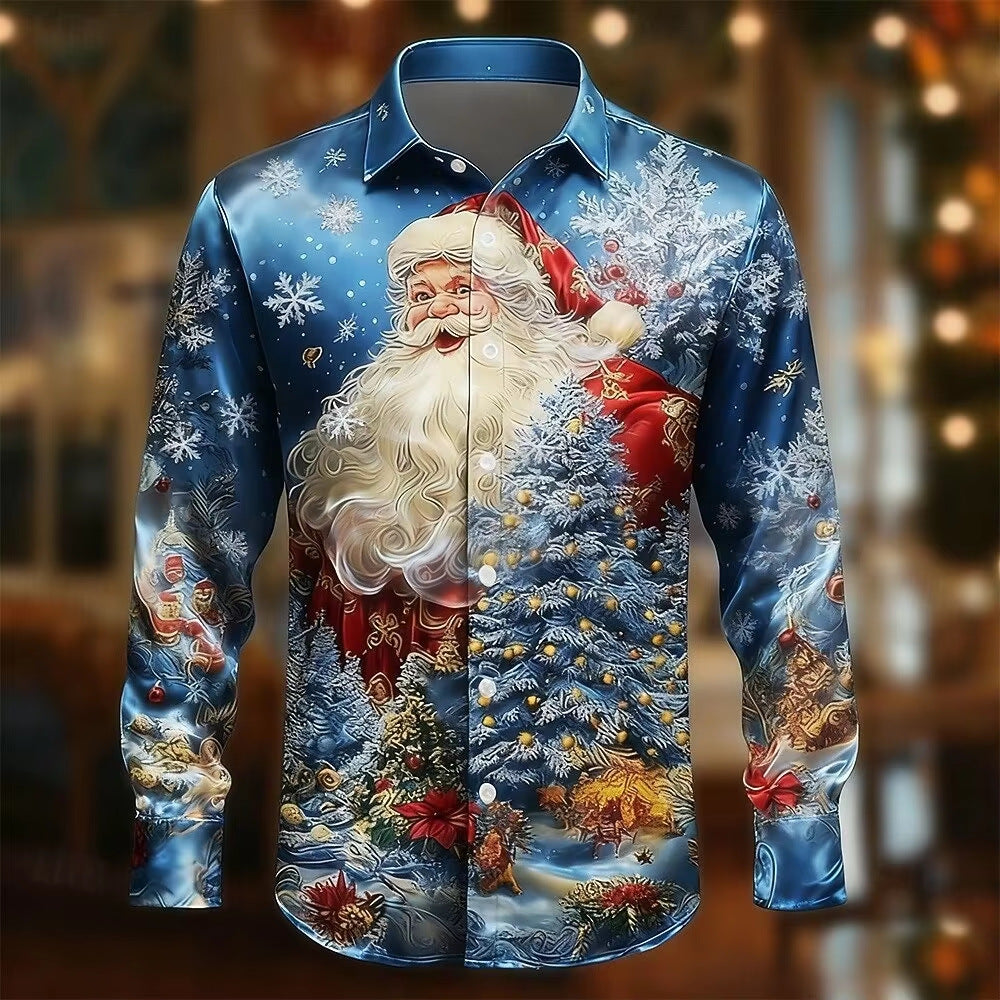 Men’s Long-Sleeve Satin Shirt – Featuring Santa Claus, Christmas Trees, And Reindeer – Stylish Casual Wear For Holiday Parties