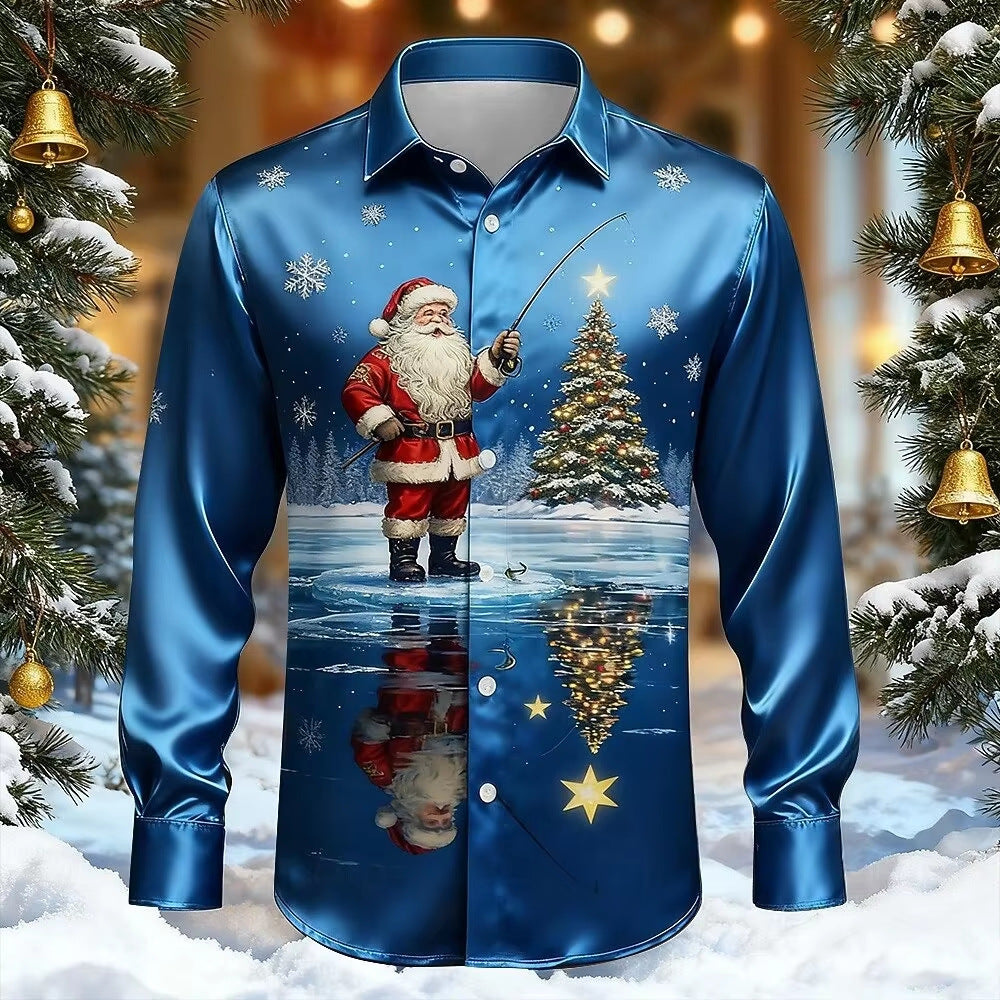 Men’s Long-Sleeve Satin Shirt – Featuring Santa Claus, Christmas Trees, And Reindeer – Stylish Casual Wear For Holiday Parties