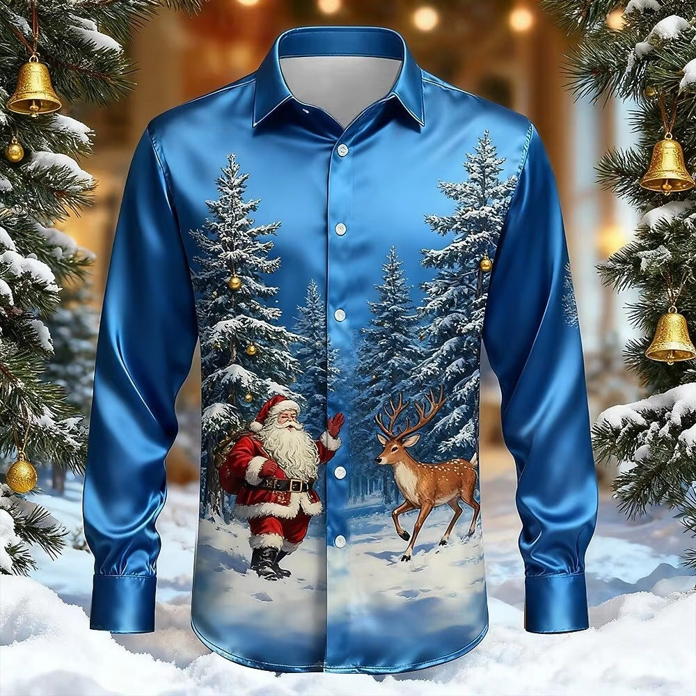 Men’s Long-Sleeve Satin Shirt – Featuring Santa Claus, Christmas Trees, And Reindeer – Stylish Casual Wear For Holiday Parties