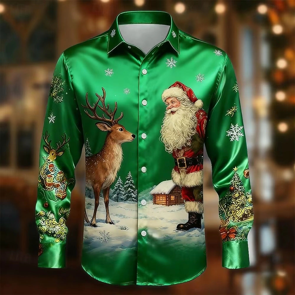 Men’s Long-Sleeve Satin Shirt – Featuring Santa Claus, Christmas Trees, And Reindeer – Stylish Casual Wear For Holiday Parties