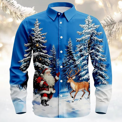 Men’s Long-Sleeve Satin Shirt – Featuring Santa Claus, Christmas Trees, And Reindeer – Stylish Casual Wear For Holiday Parties