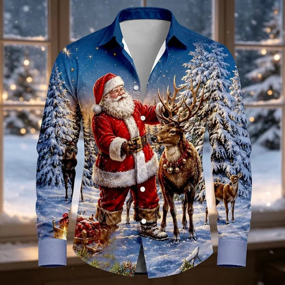 Men’s Long-Sleeve Satin Shirt – Featuring Santa Claus, Christmas Trees, And Reindeer – Stylish Casual Wear For Holiday Parties