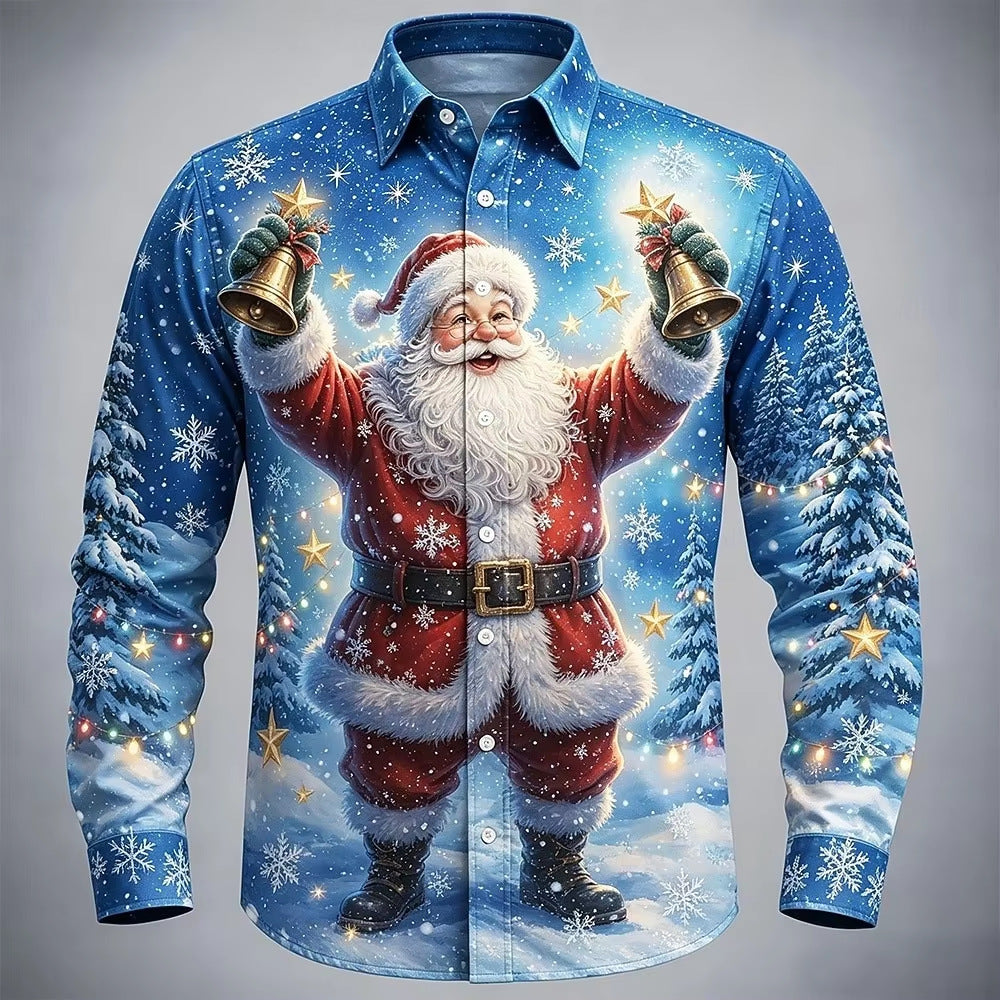 Men’s Long-Sleeve Satin Shirt – Featuring Santa Claus, Christmas Trees, And Reindeer – Stylish Casual Wear For Holiday Parties