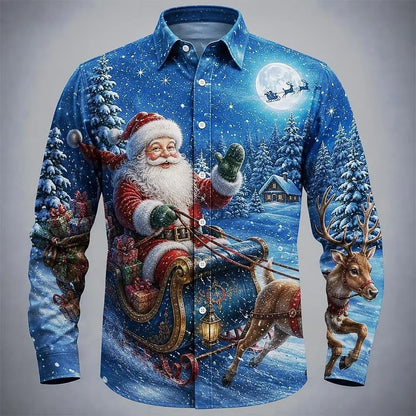 Men’s Long-Sleeve Satin Shirt – Featuring Santa Claus, Christmas Trees, And Reindeer – Stylish Casual Wear For Holiday Parties