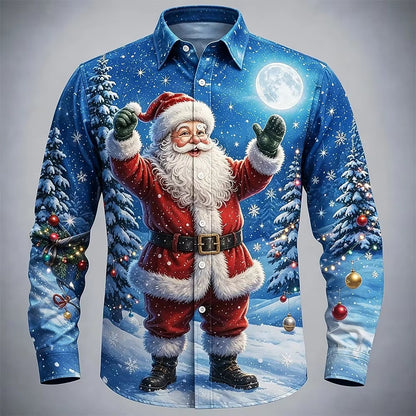 Men’s Long-Sleeve Satin Shirt – Featuring Santa Claus, Christmas Trees, And Reindeer – Stylish Casual Wear For Holiday Parties
