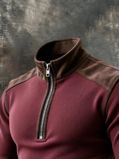 Men's Vintage Suede Patchwork Comfortable Color-Block Zip-Up Sweatshirt