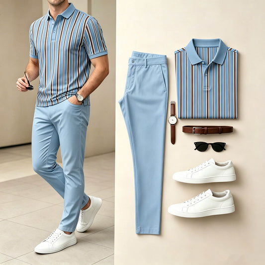 Men's Casual Blue & Coffee Color Matching Striped Printed Short Sleeves Polo Shirt & Pants Two-Piece Set