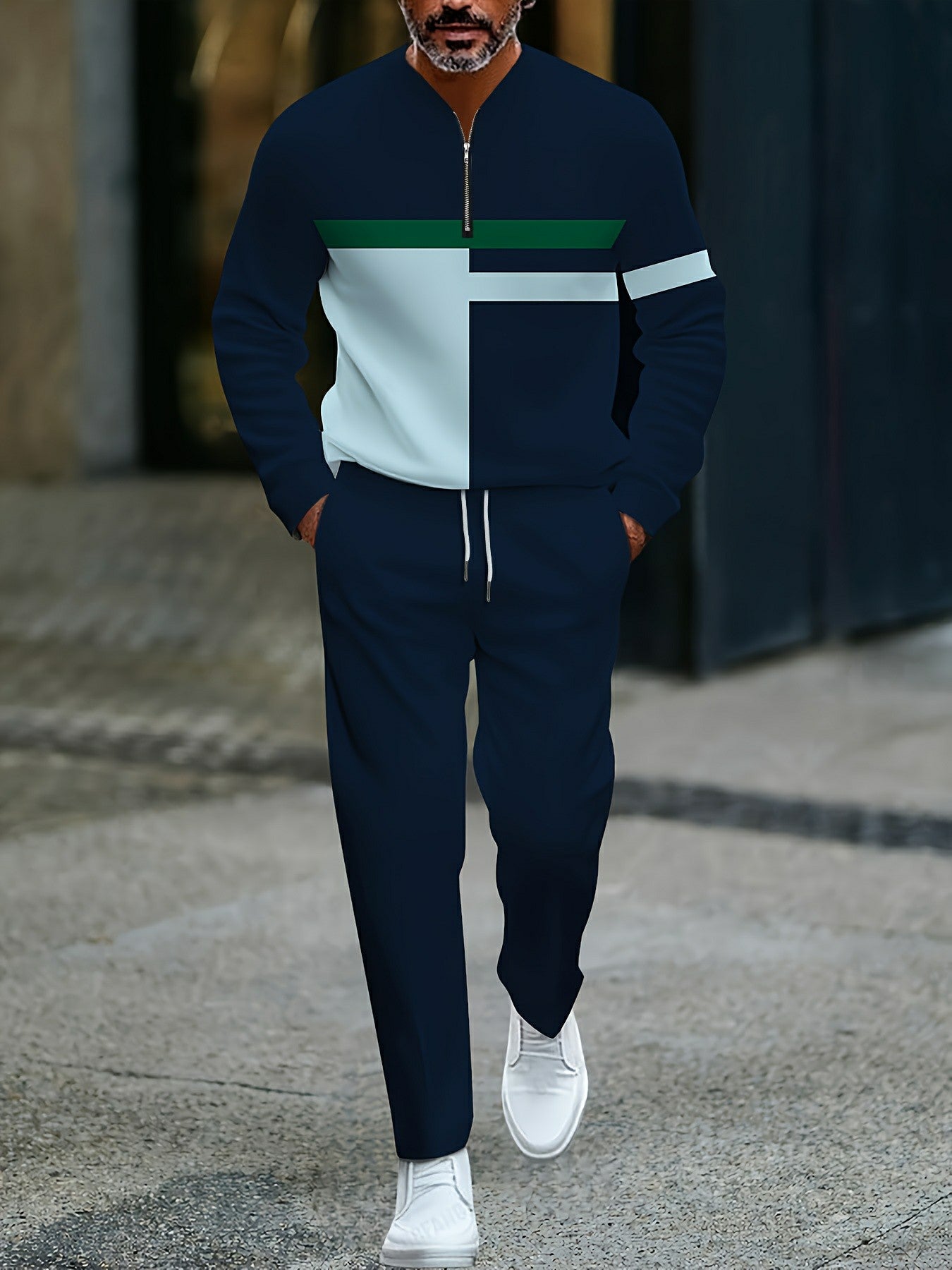 Men's Casual Navy Blue Color Matching Geometric Printed Round-Neck Zipper Long Sleeved Trousers Two-Piece Set