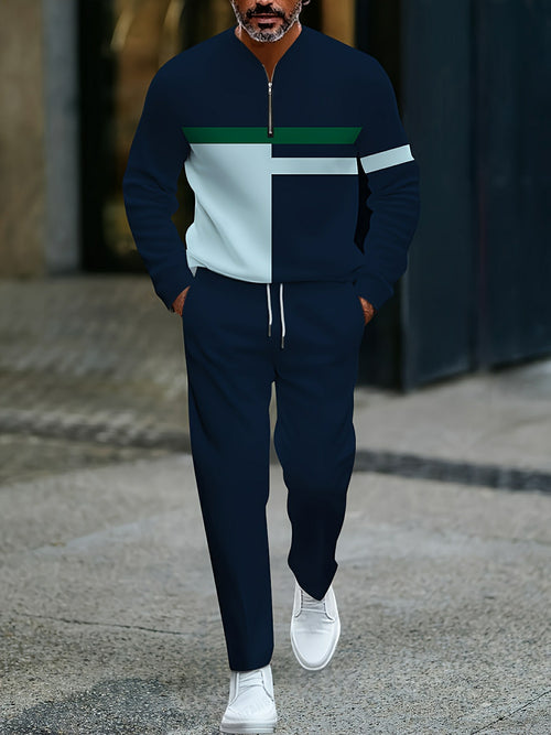 Men's Casual Navy Blue Color Matching Geometric Printed Round-Neck Zipper Long Sleeved Trousers Two-Piece Set