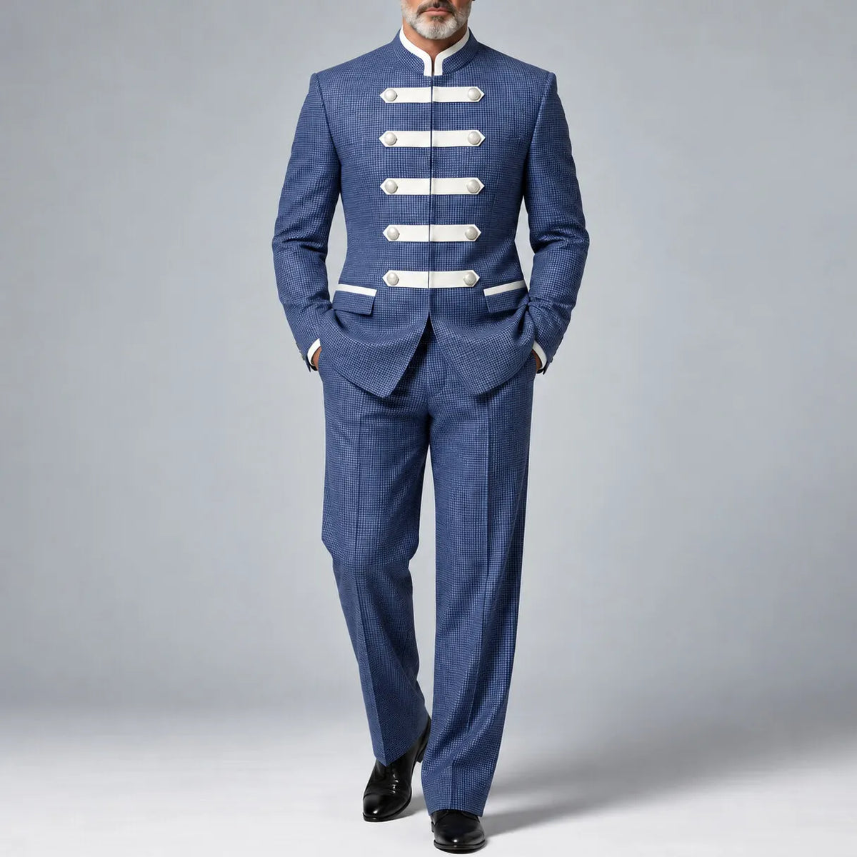 Men's Blue Classic Plaid Print Mandarin Collar Blazer & Pants Formal 2Pcs Suit