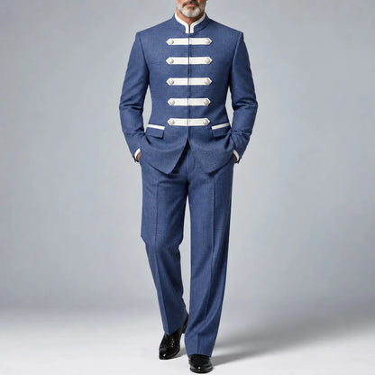 Men's Blue Classic Plaid Print Mandarin Collar Blazer & Pants Formal 2Pcs Suit
