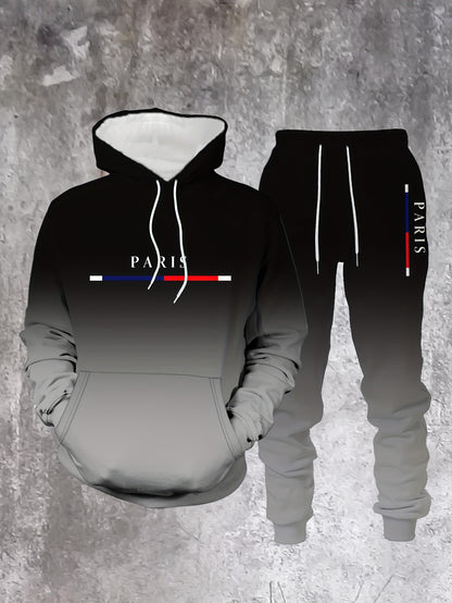 Men's Casual Black Gradient Color Printed Hoodies Long Sleeved Sweatshirts & Sweatpants Two-Piece Set