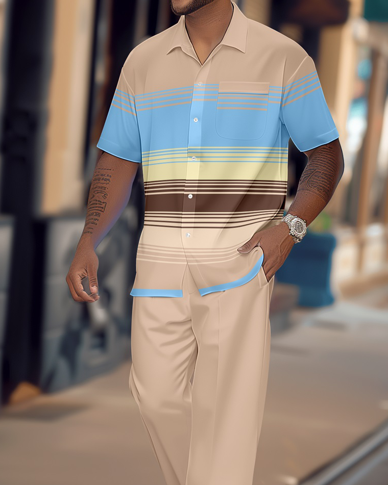 Men's Retro Plaid Colorblock Short Sleeve Shirt Walking Suit 1645