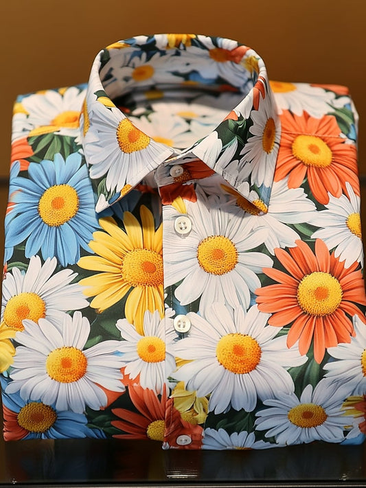 Men's Satin Luxe Hawaiian Colorful Daisy All Over Print Short Sleeve Button Shirt