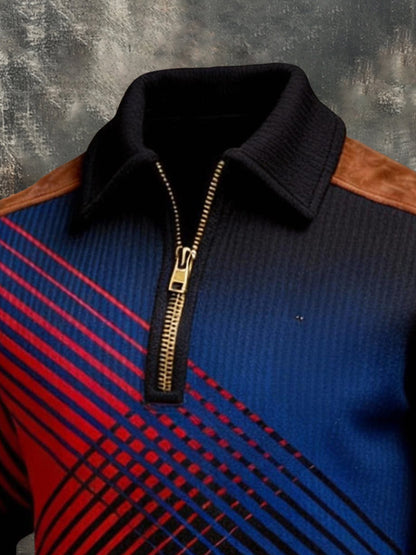 Men'S Fashionable Color-Block Printed Zip-Up Sweatshirt