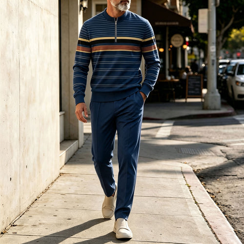Men's Two-Tone Round-Neck Zipper Long-Sleeve Shirt and Pants Set