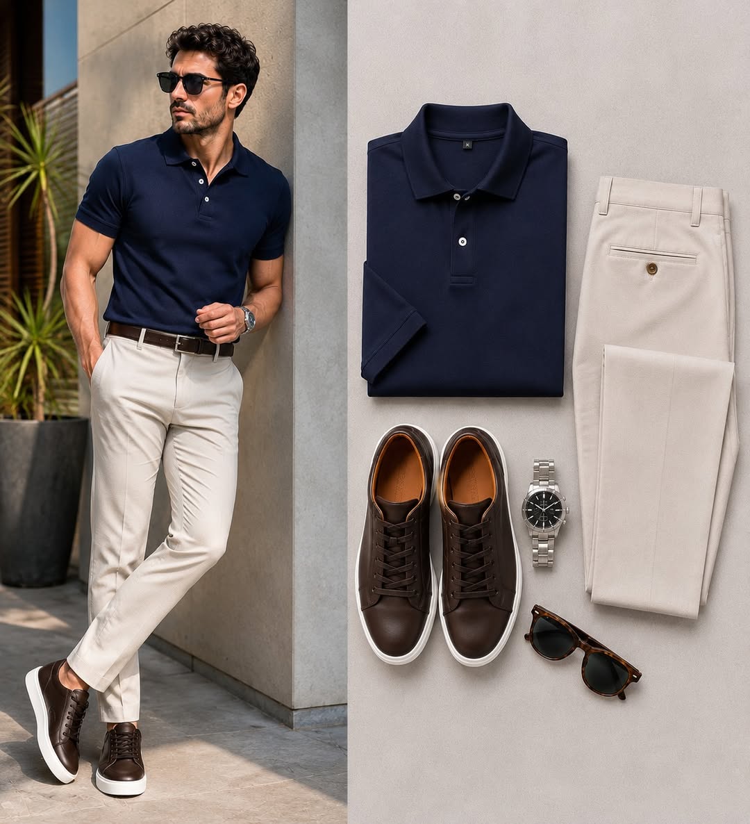 Men's Casual Navy Blue Color Polo Shirt & Jeans Pants Two-Piece Set