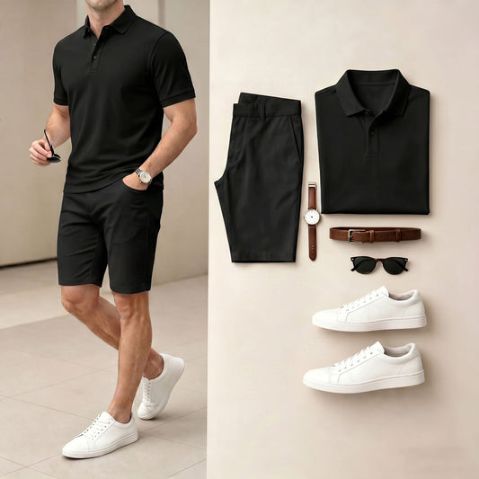 Men's Casual Black Color Polo Shirt & Shorts Two-Piece Set