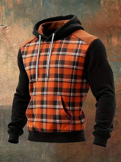 Men's Casual Retro Plaid Print Long Sleeve Hooded Sweatshirt