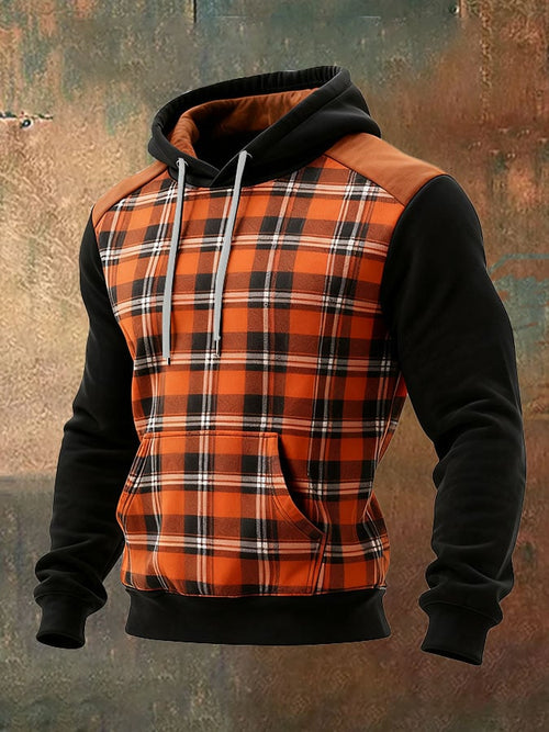 Men's Casual Retro Plaid Print Long Sleeve Hooded Sweatshirt