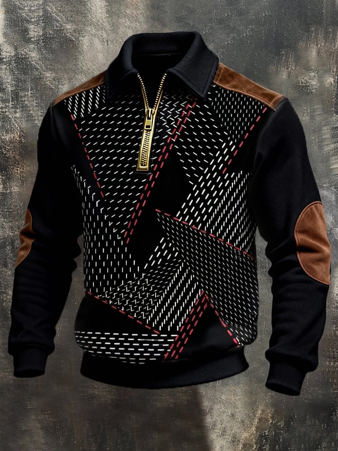 Men's Retro Color Block Print Color-Blocked Zip-Up Sweatshirt