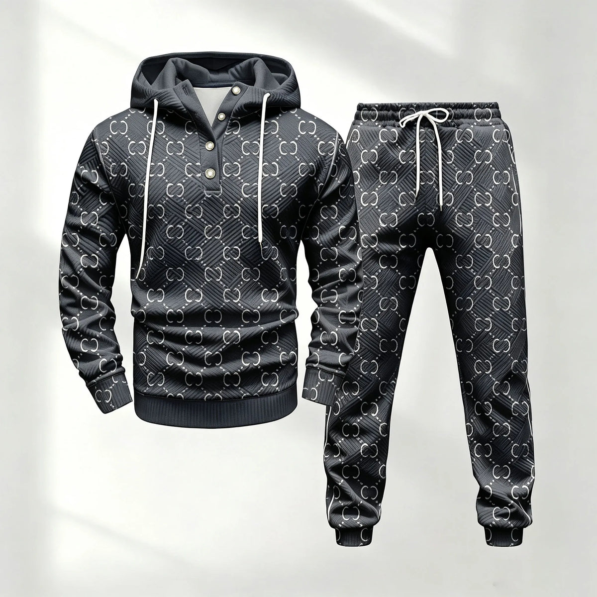 Men's Half-Button-Down Hooded Long-Sleeve Top and Pants Set