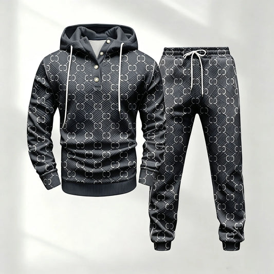 Men's Half-Button-Down Hooded Long-Sleeve Top and Pants Set