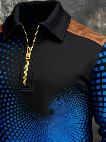 Men's Retro Color Block Print Zipper Sweatshirt