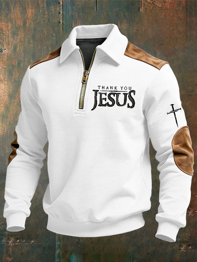 Men's vintage Faith “Thank You Jesus” Design Print Casual Zipper Sweatshirt-Fast Shipping