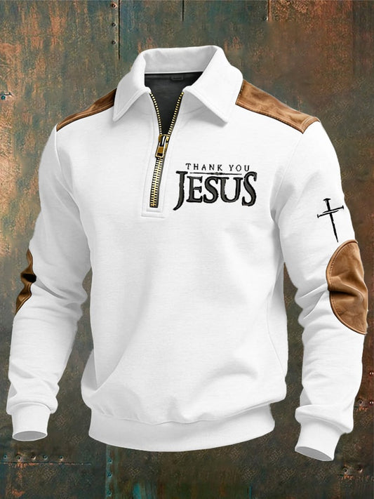 Men's vintage Faith “Thank You Jesus” Design Print Casual Zipper Sweatshirt-Fast Shipping