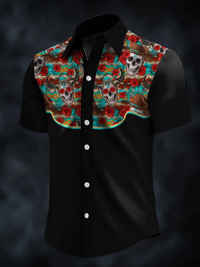 Men's Retro Western Contrast Print Short Sleeve Casual Shirt