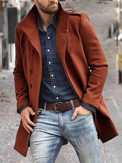 Men's Fashion Casual Standing Collar Double Breasted Faux Wool Coat