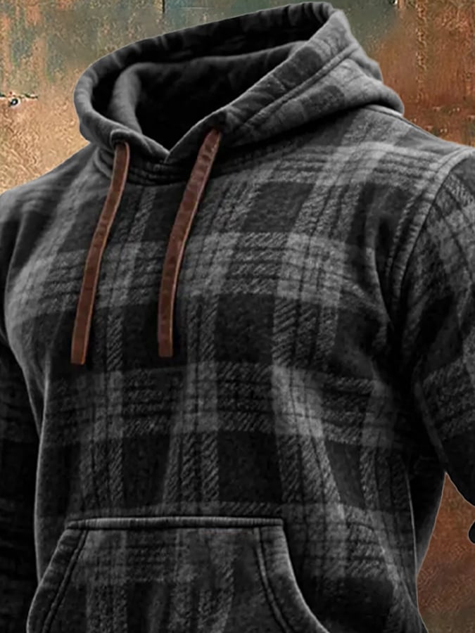 Men's Retro Distressed Plaid Print Casual Long Sleeve Sweatshirt