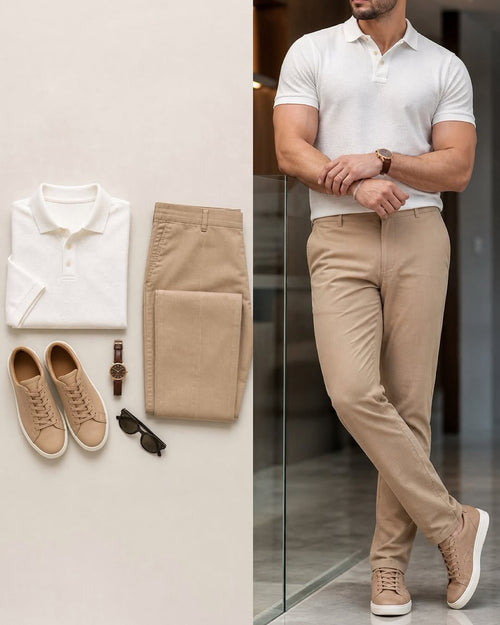 Men's Casual White Color Short Sleeves Polo Shirt & Jeans Pants Two Piece Set