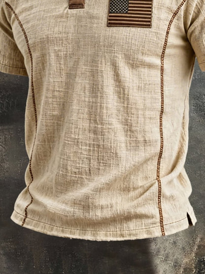 Men'S Retro Color-Block "Patriot" Polo-Collar Casual Cotton-Linen T-Shirt