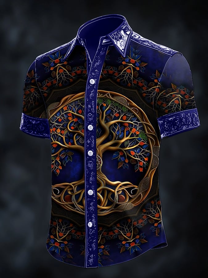 Men's casual dark Viking tree of life print satin shirt