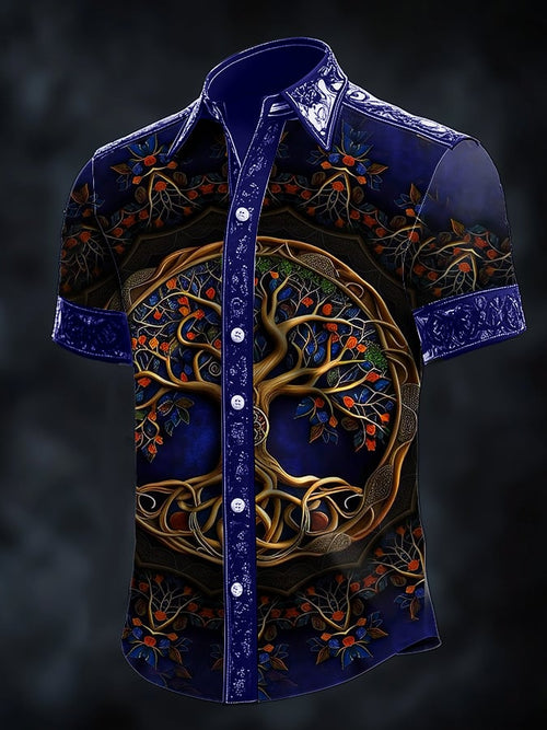Men's casual dark Viking tree of life print satin shirt